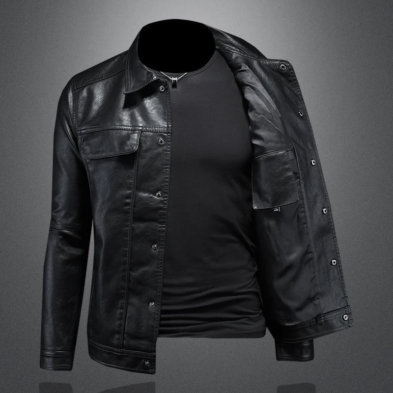 Men's Leather Jacket with Biker Style Protective Collar and Asymmetric Closure