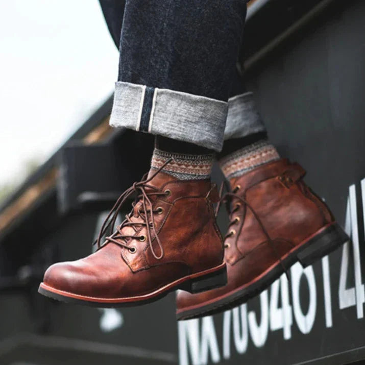 Men's Leather Boots with Round Toe Lace Up Closure and Rubber Outsole