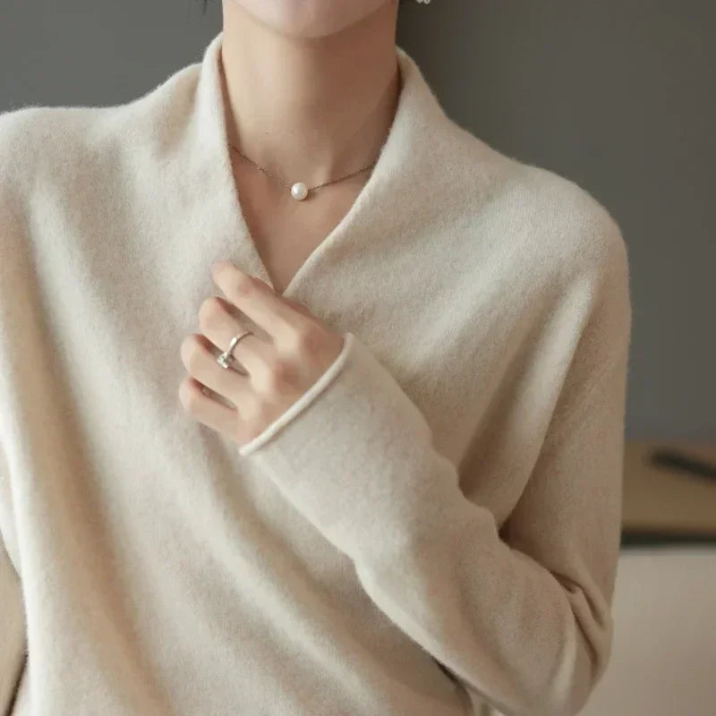Women's V-Neck Cashmere Knit Sweater with Long Sleeves for Layering