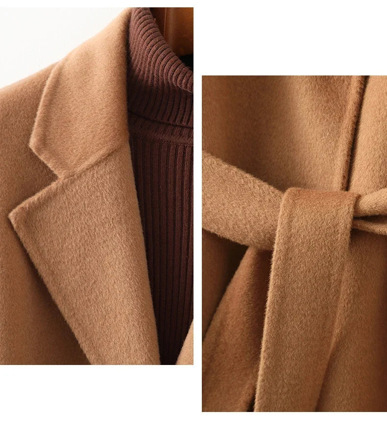 Women's Belted Wool Coat with Cinched Waist and Midi-Length Design
