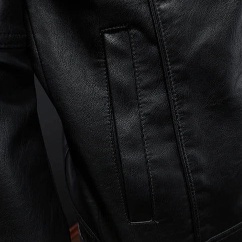 Men's Leather Jacket with Biker Style Protective Collar and Asymmetric Closure