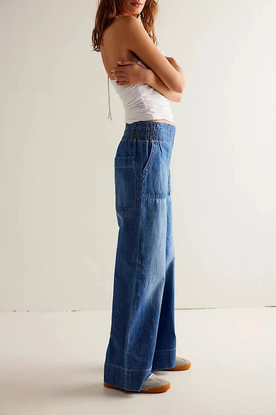Women's High Waisted Wide Leg Cotton Jeans with Slight Stretch