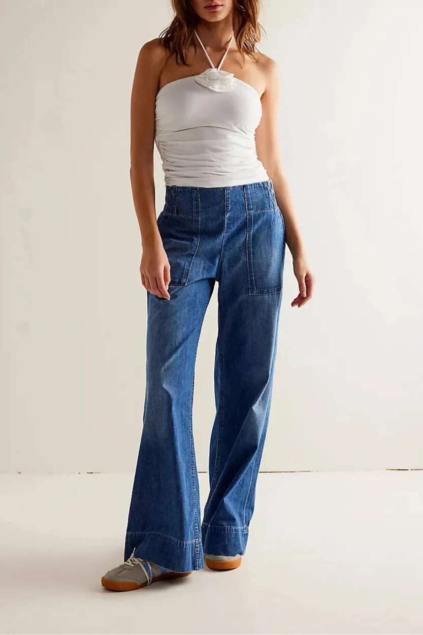 Women's High Waisted Wide Leg Cotton Jeans with Slight Stretch