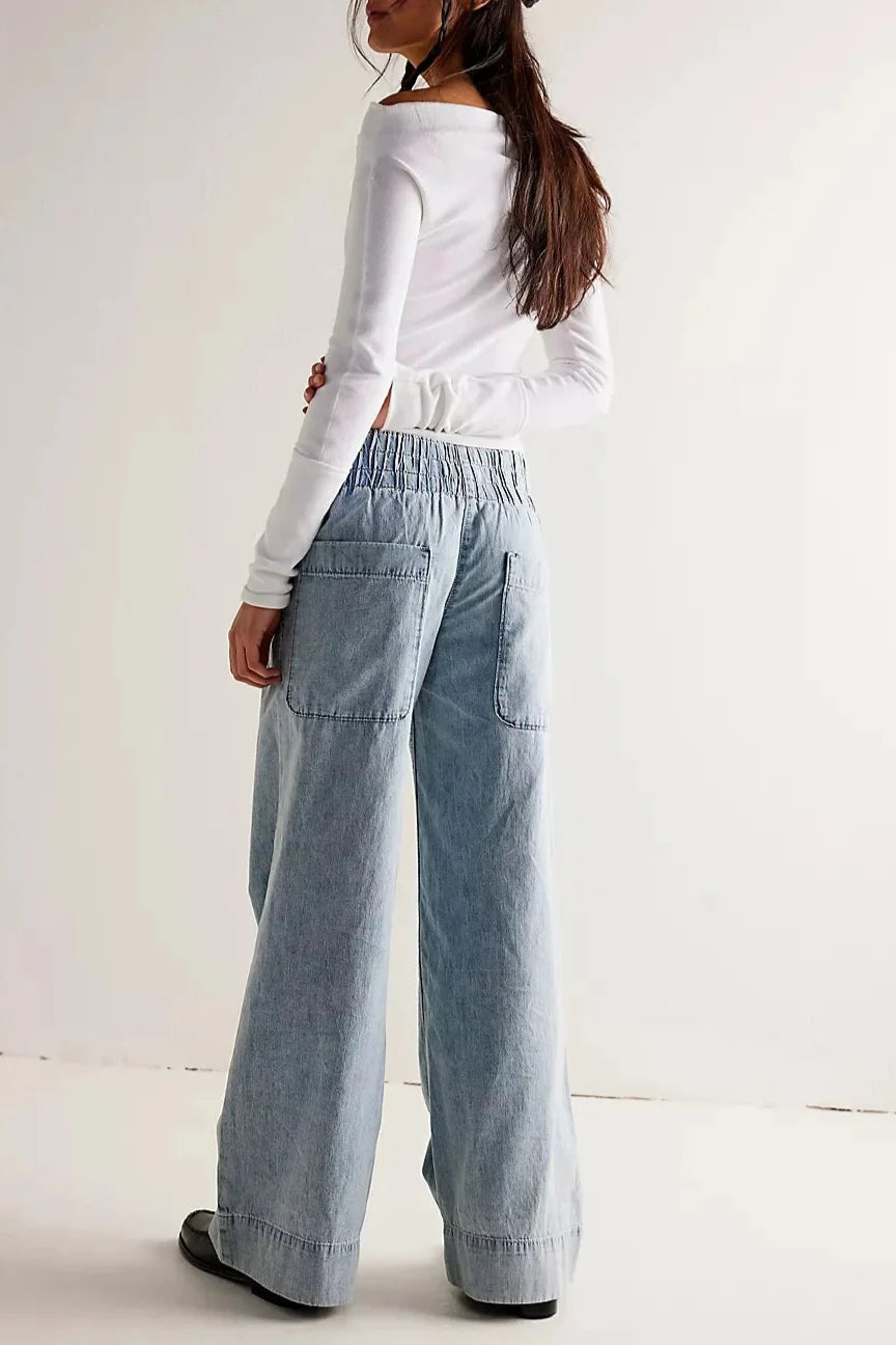 Women's High Waisted Wide Leg Cotton Jeans with Slight Stretch