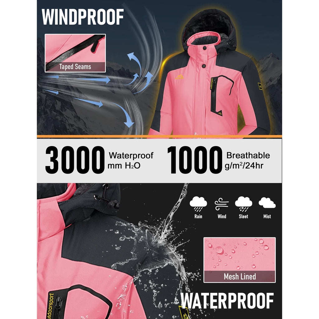 Women's Ski Jacket with Fleece Lining Windproof Design and Zip Closure
