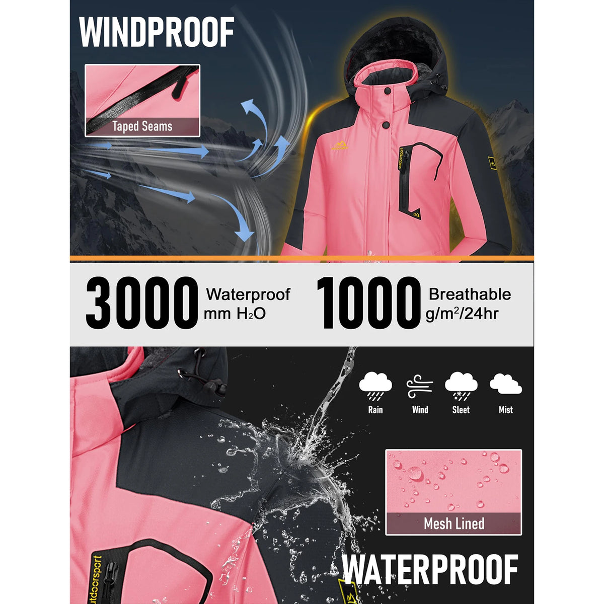 Women's Ski Jacket with Fleece Lining Windproof Design and Zip Closure