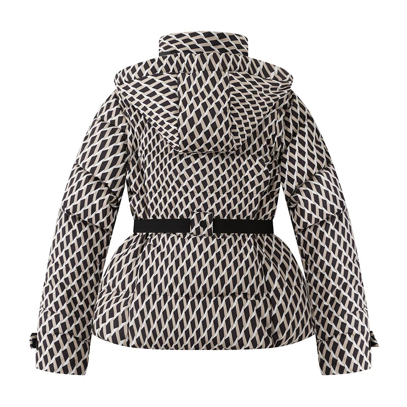 Women's Padded Parka Coat with High Waist Belt Hood and Zip Closure