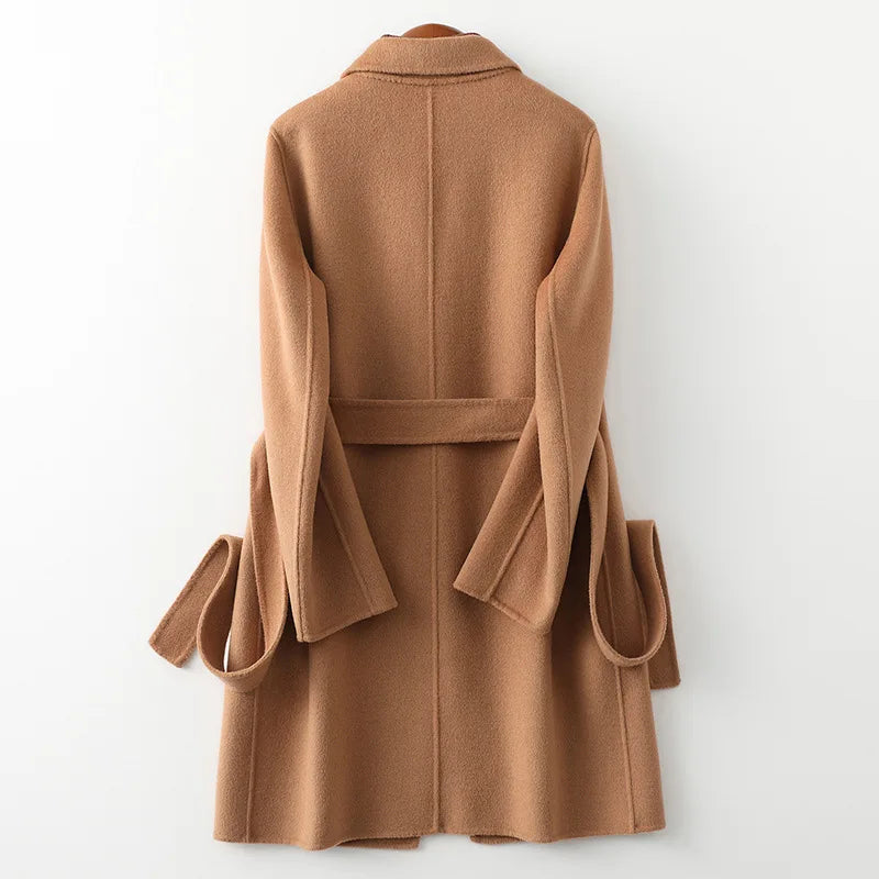 Women's Belted Wool Coat with Cinched Waist and Midi-Length Design