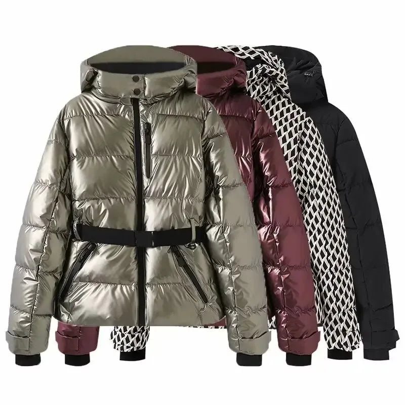 Women's Padded Parka Coat with High Waist Belt Hood and Zip Closure