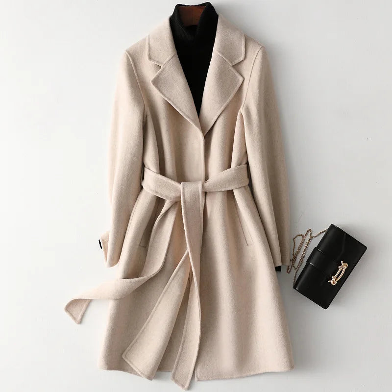 Women's Belted Wool Coat with Cinched Waist and Midi-Length Design