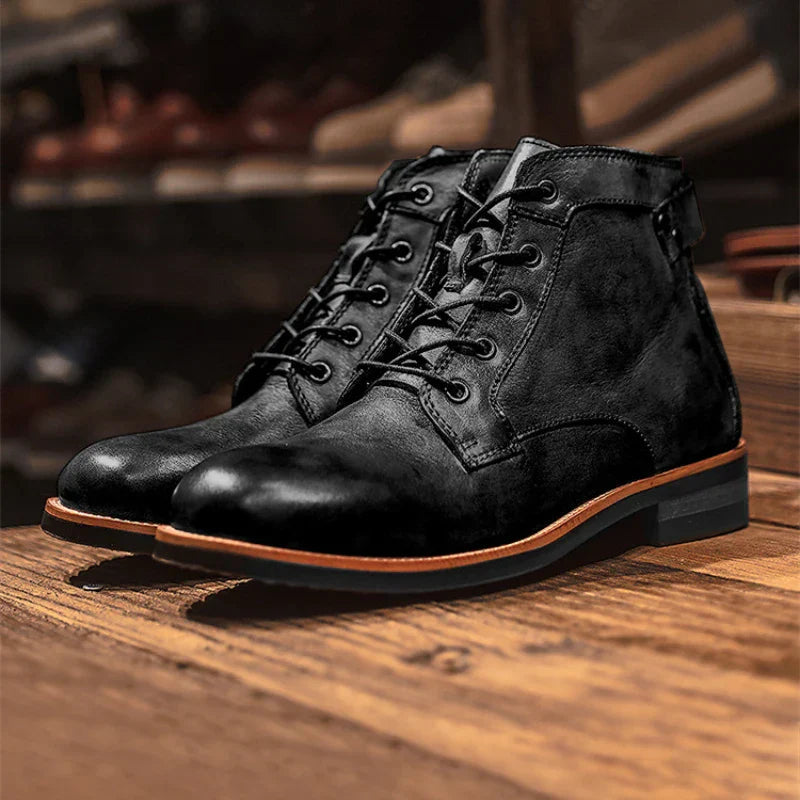 Men's Leather Boots with Round Toe Lace Up Closure and Rubber Outsole