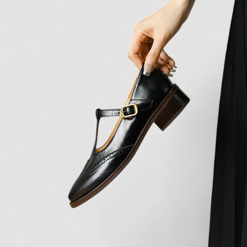 Women's Mary Jane Shoes with Genuine Leather Adjustable Strap and Block Heel
