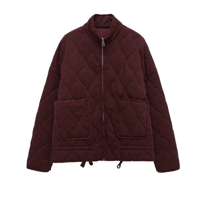 Women's Quilted Jacket with High Stand Collar and Oversized Patch Pockets