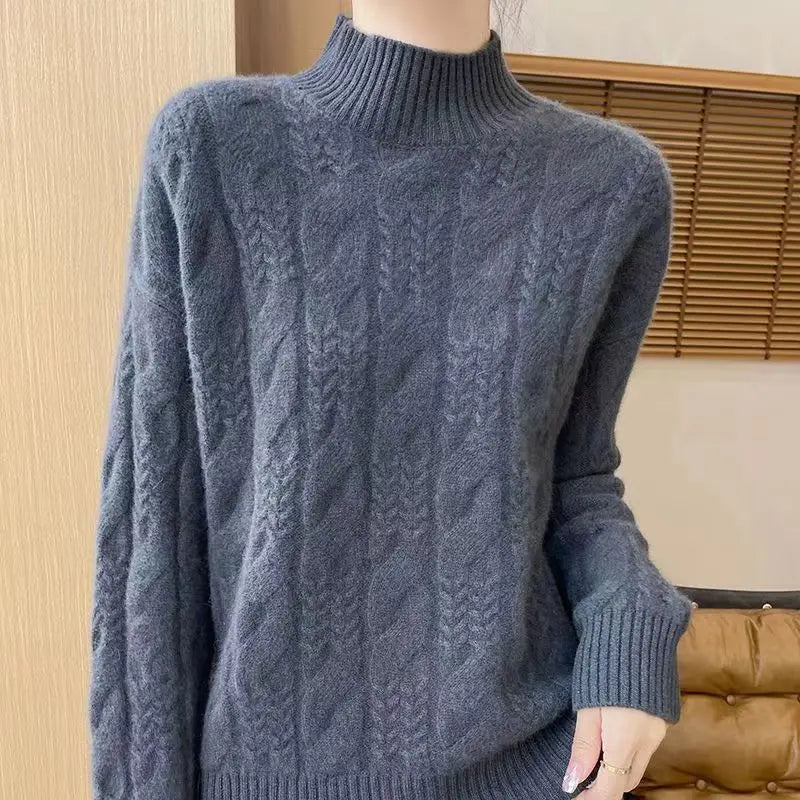 Women's Cable Knit Cashmere Blend Sweater with Half-High Collar