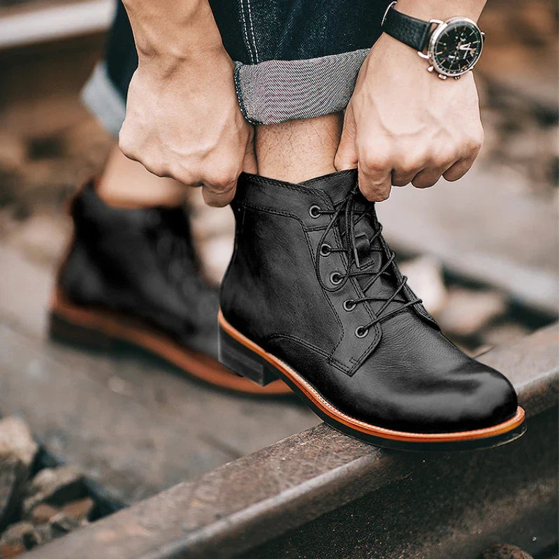Men's Leather Boots with Round Toe Lace Up Closure and Rubber Outsole