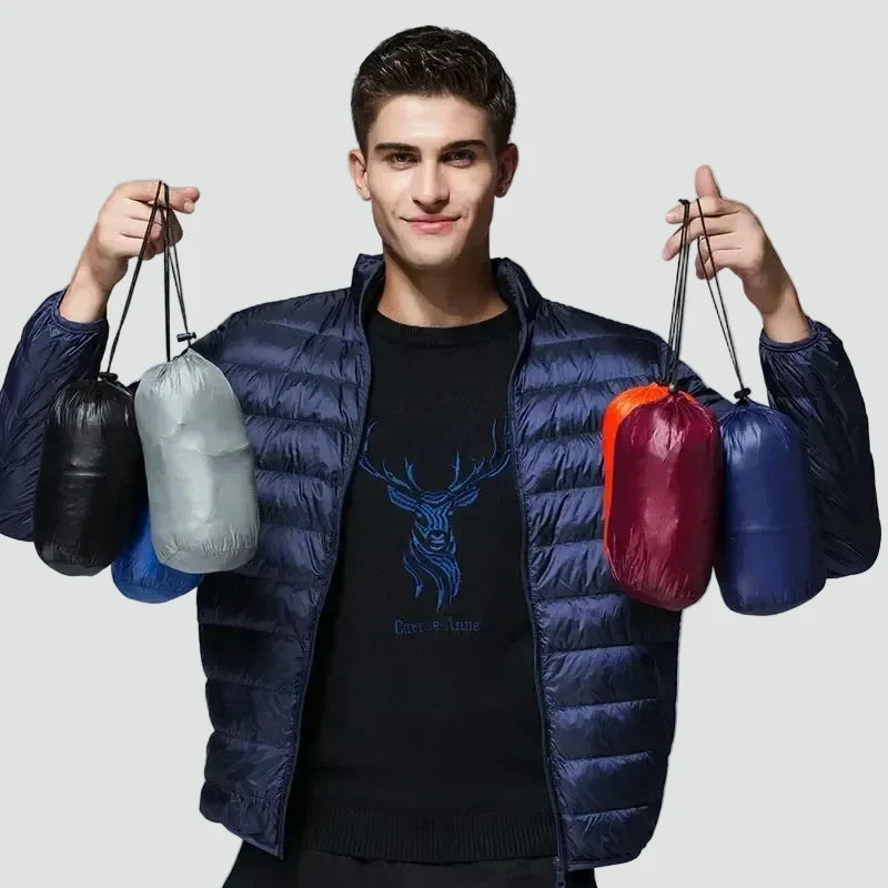 Men's Lightweight Puffer Jacket with Compact Packable Pouch and Slim Fit