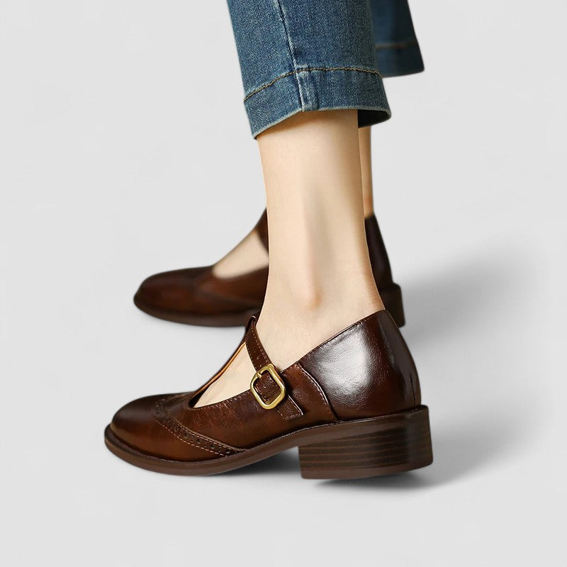 Women's Mary Jane Shoes with Genuine Leather Adjustable Strap and Block Heel