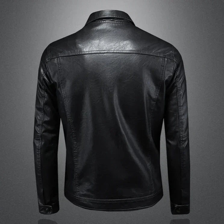 Men's Leather Jacket with Biker Style Protective Collar and Asymmetric Closure