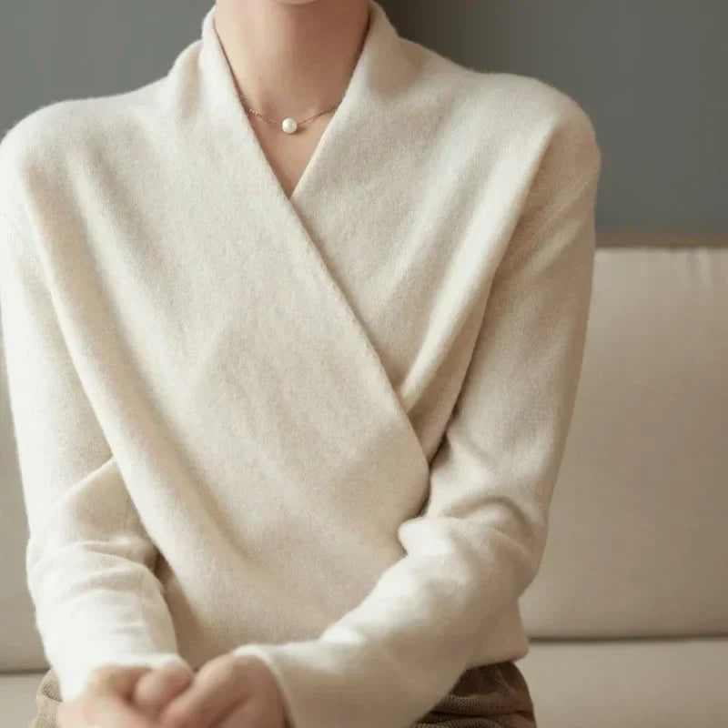 Women's V-Neck Cashmere Knit Sweater with Long Sleeves for Layering