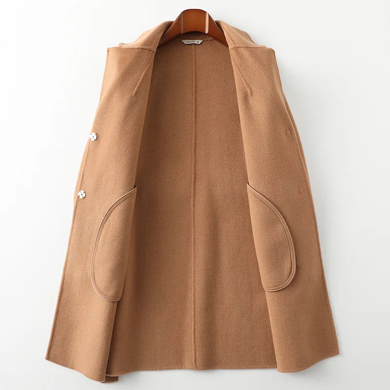 Women's Belted Wool Coat with Cinched Waist and Midi-Length Design