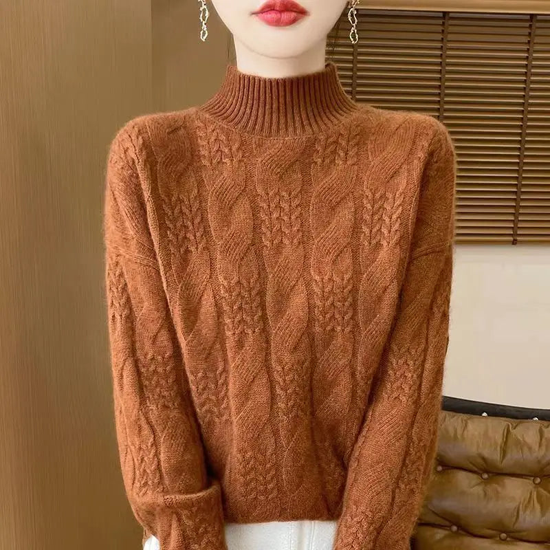 Women's Cable Knit Cashmere Blend Sweater with Half-High Collar