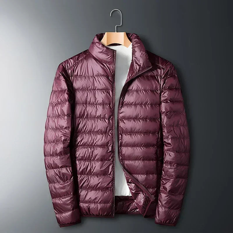 Men's Lightweight Puffer Jacket with Compact Packable Pouch and Slim Fit