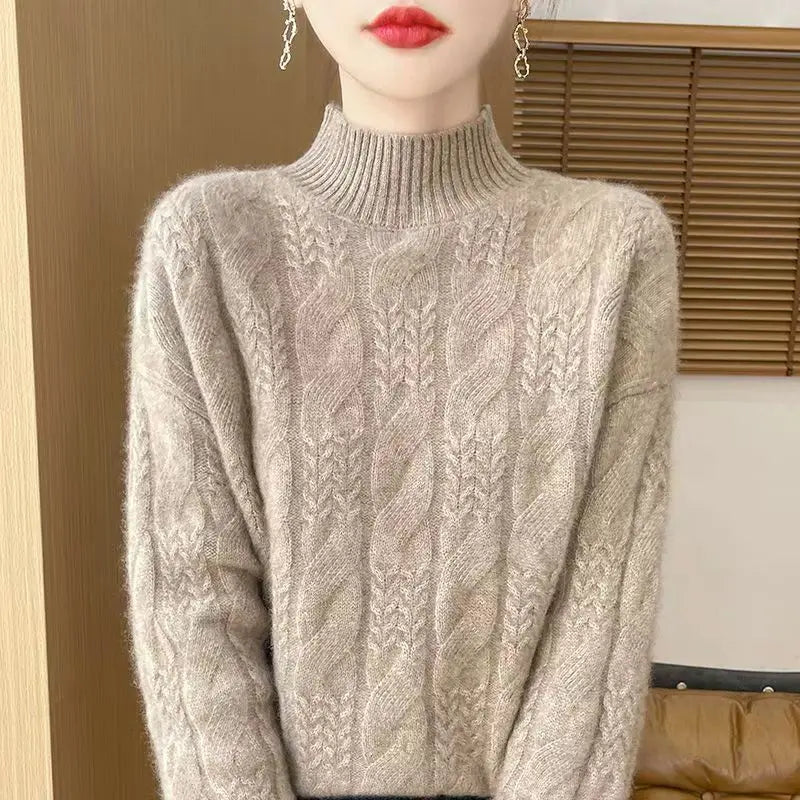 Women's Cable Knit Cashmere Blend Sweater with Half-High Collar