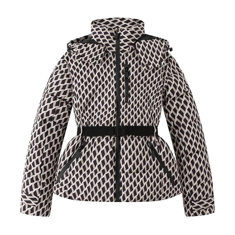 Women's Padded Parka Coat with High Waist Belt Hood and Zip Closure