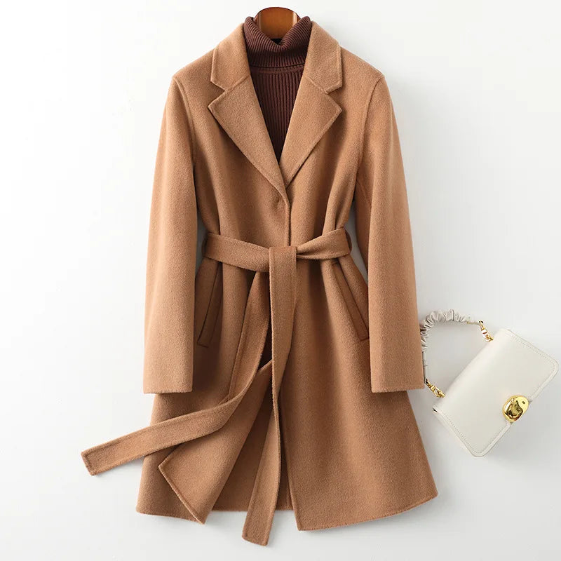 Women's Belted Wool Coat with Cinched Waist and Midi-Length Design