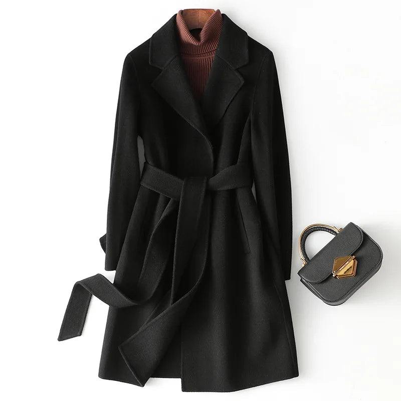 Women's Belted Wool Coat with Cinched Waist and Midi-Length Design