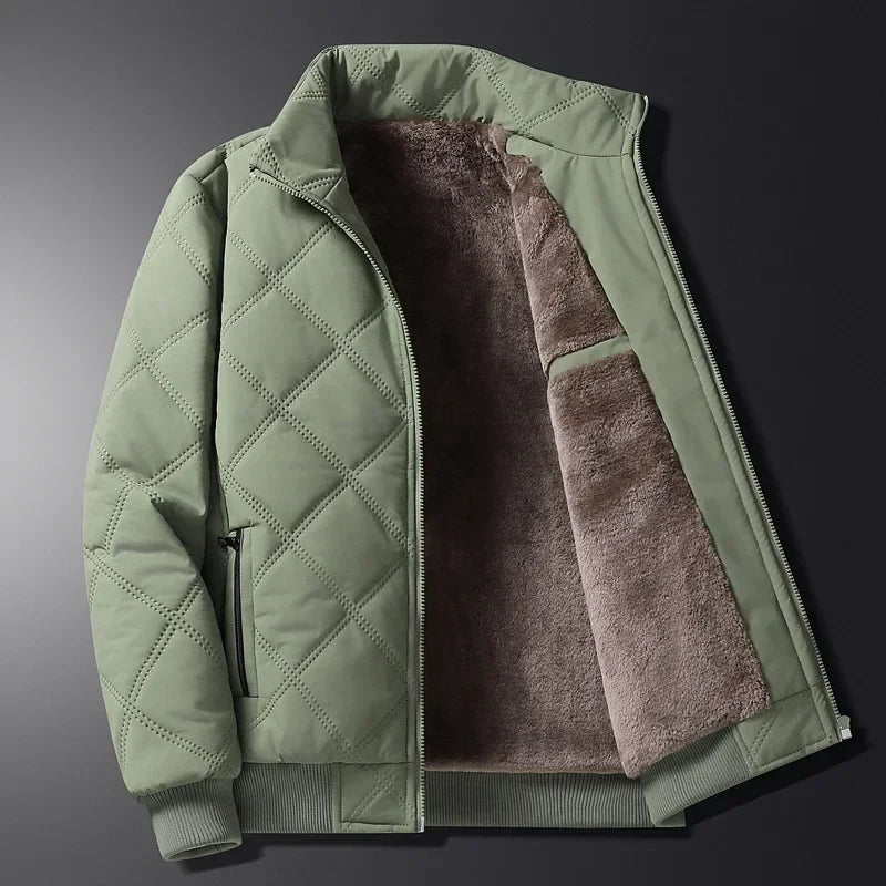 Men's Quilted Bomber Jacket with Plush Interior and Side Zipper Pockets
