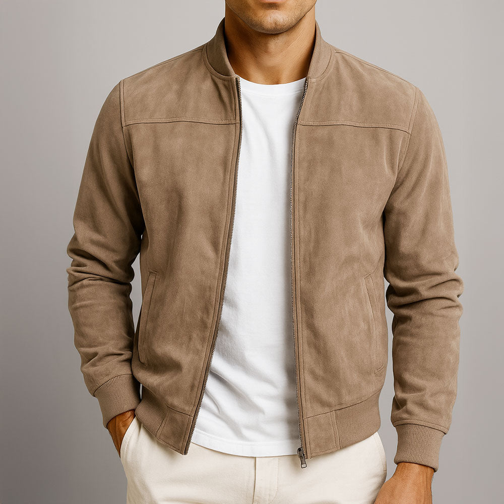 Men's Suede Jacket with High Collar Zip Closure and Ribbed Cuffs