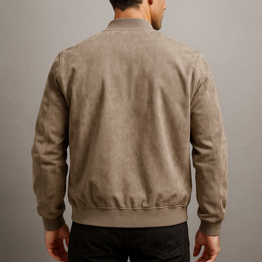 Men's Suede Jacket with High Collar Zip Closure and Ribbed Cuffs