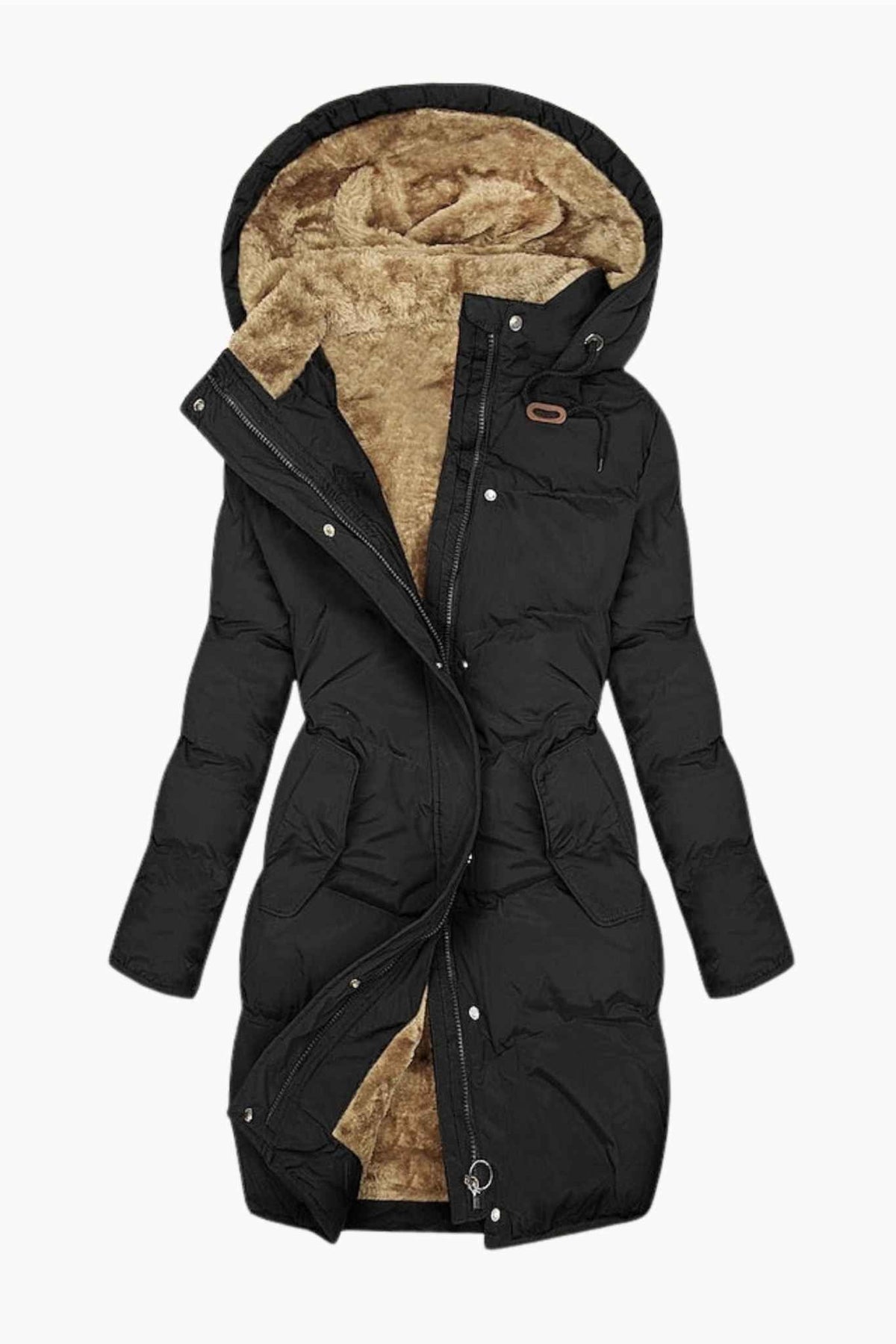 Women's Insulated Coat with Fleece Lining Drawstring Hood and Long Silhouette
