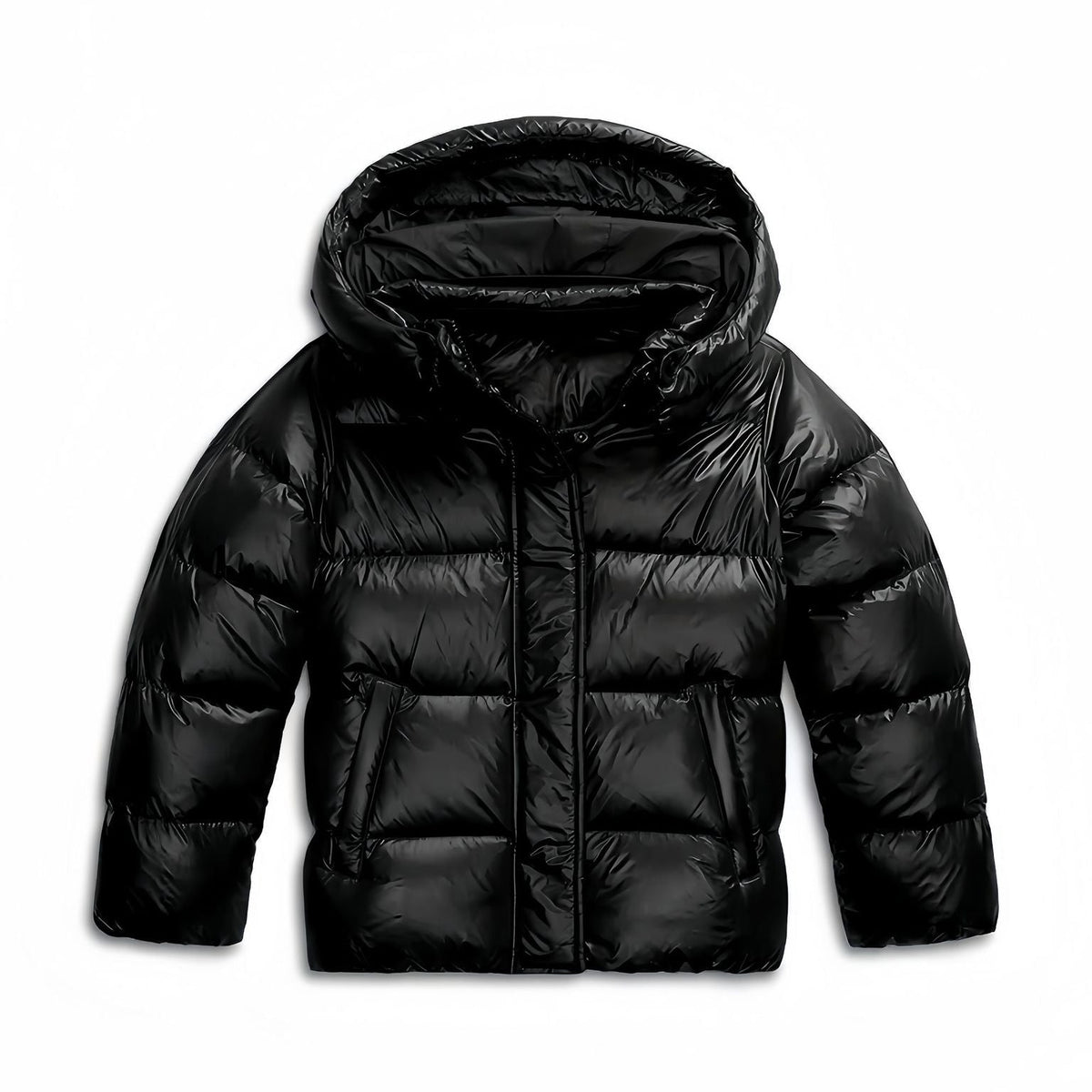 Women's Quilted Jacket with Fixed Hood Front Closure and Side Pockets