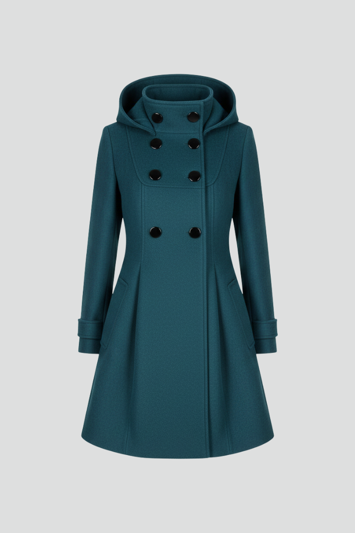 Women's Hooded Coat with Double Button Closure and Flap Pockets