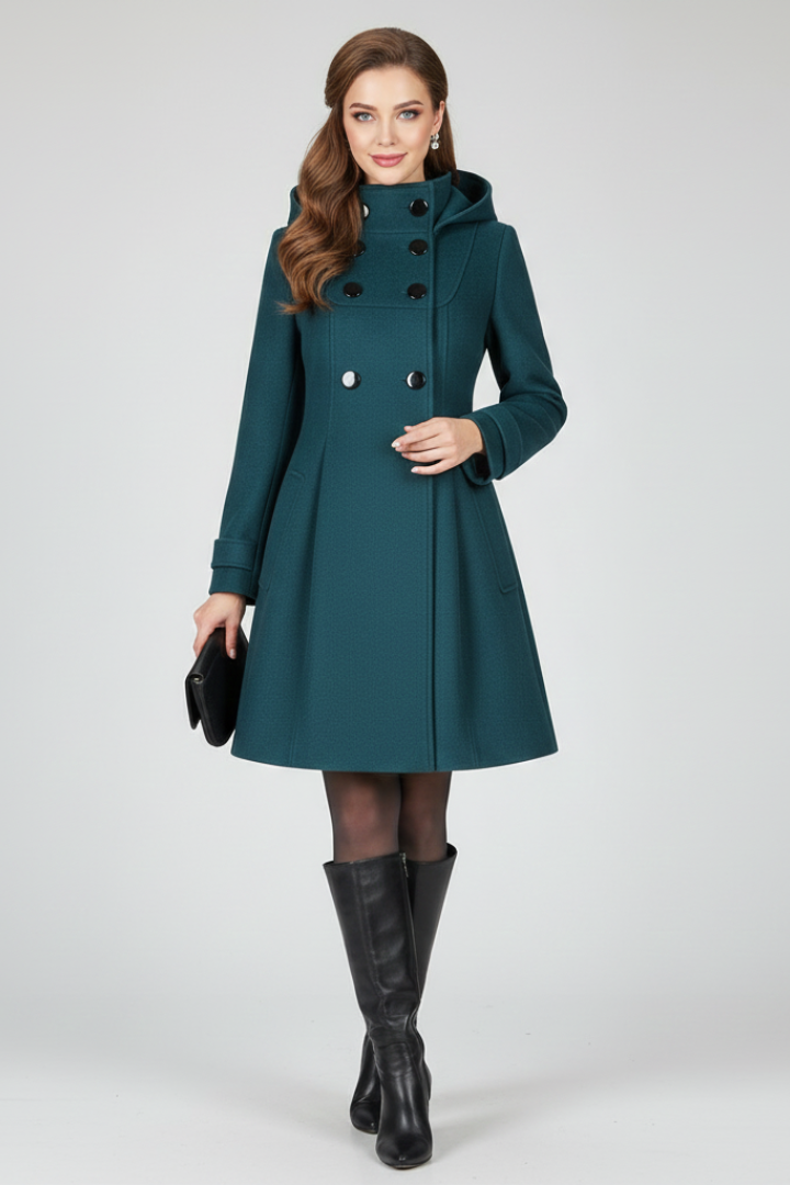 Women's Hooded Coat with Double Button Closure and Flap Pockets
