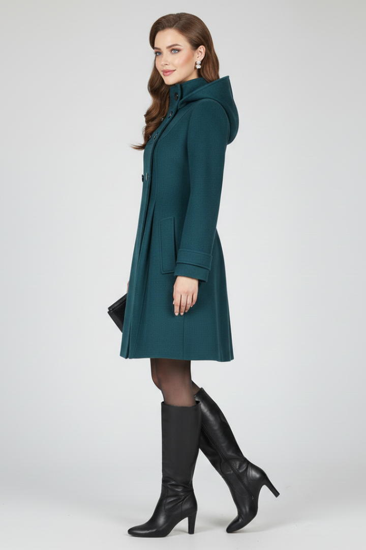 Women's Hooded Coat with Double Button Closure and Flap Pockets