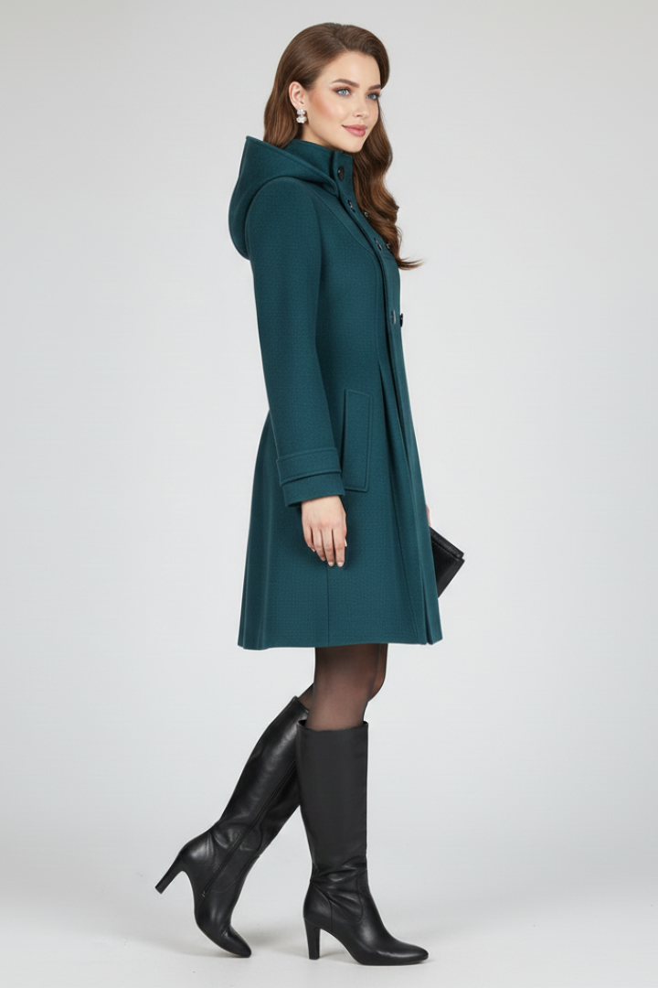Women's Hooded Coat with Double Button Closure and Flap Pockets