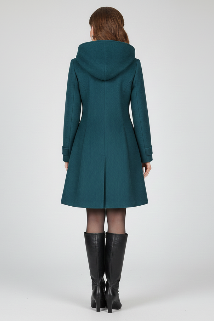 Women's Hooded Coat with Double Button Closure and Flap Pockets