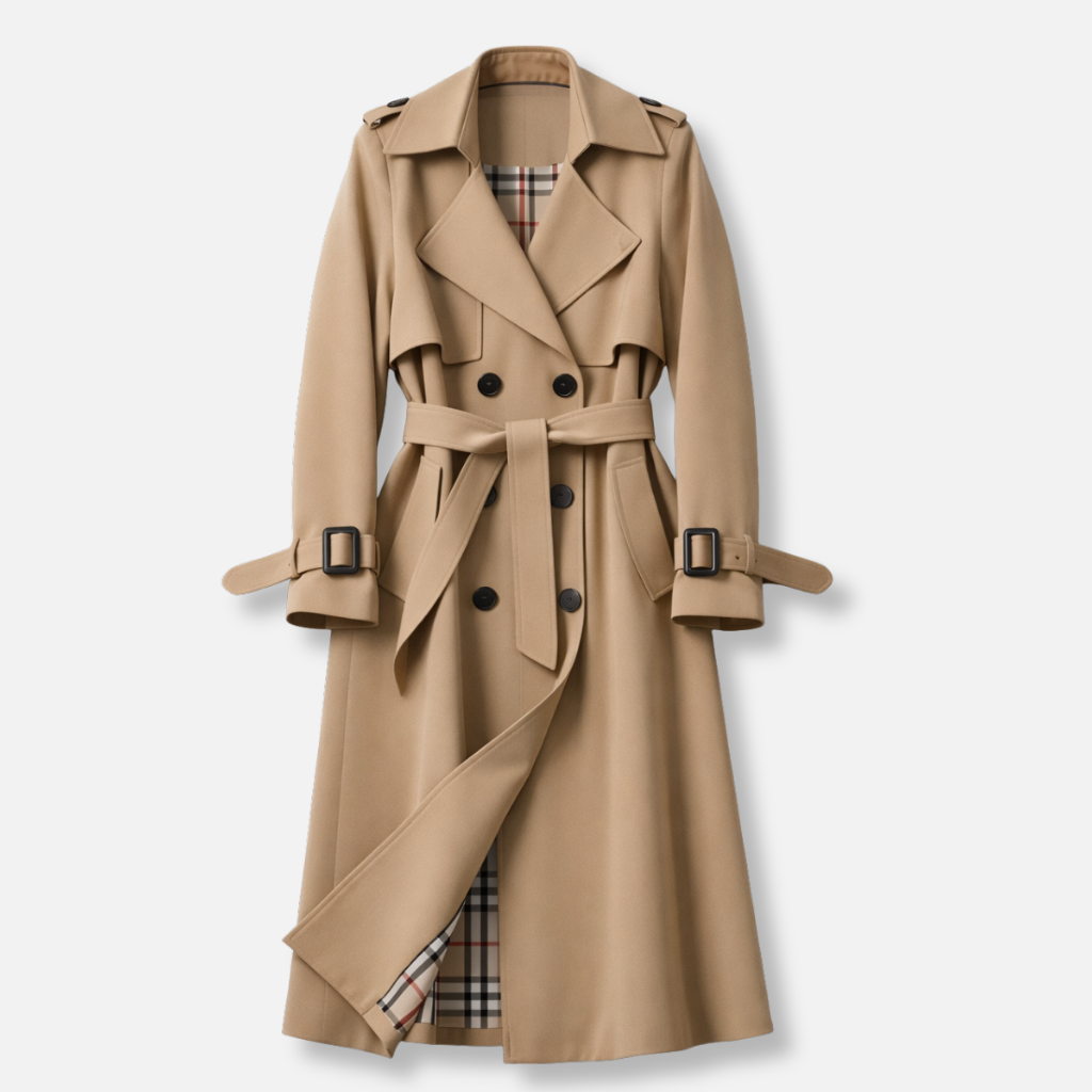 Women's Trench Coat with Tailored Cut Side Pockets and Adjustable Cuffs