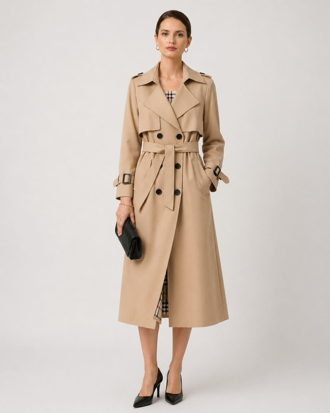 Women's Trench Coat with Tailored Cut Side Pockets and Adjustable Cuffs