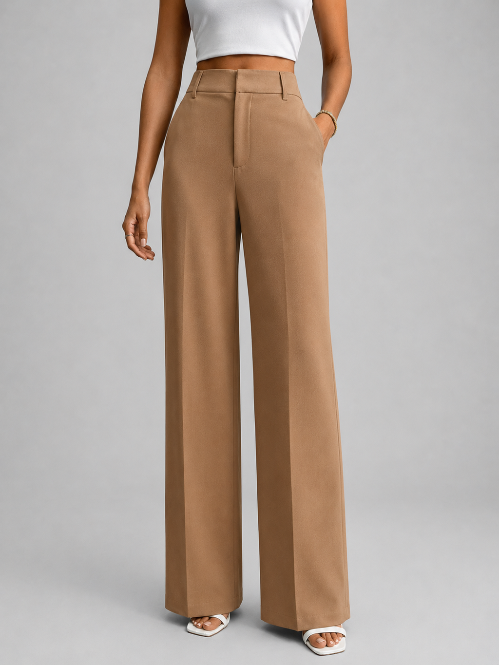 Women's Wide Leg Trousers with High Waist and Tailored Front Pleat