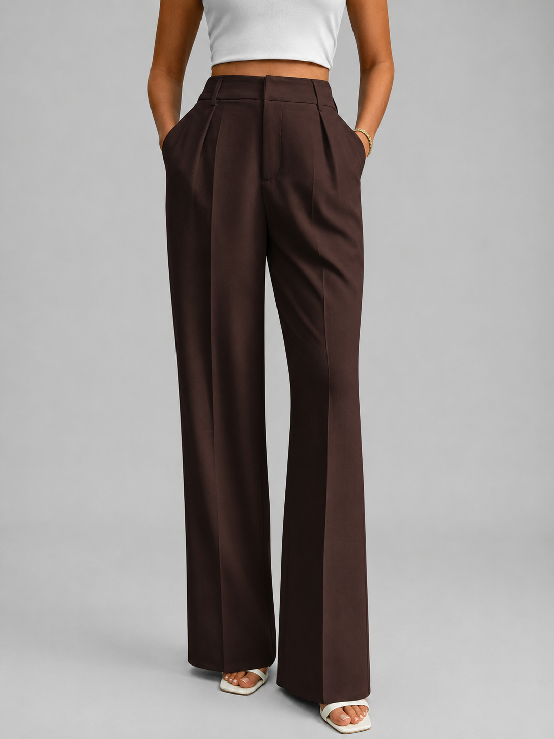 Women's Wide Leg Trousers with High Waist and Tailored Front Pleat