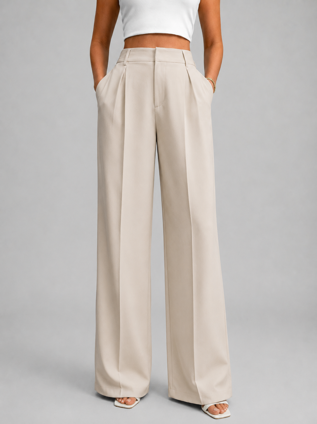 Women's Wide Leg Trousers with High Waist and Tailored Front Pleat