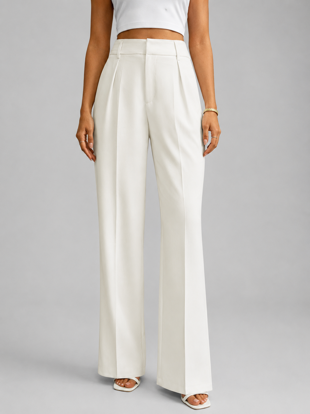 Women's Wide Leg Trousers with High Waist and Tailored Front Pleat