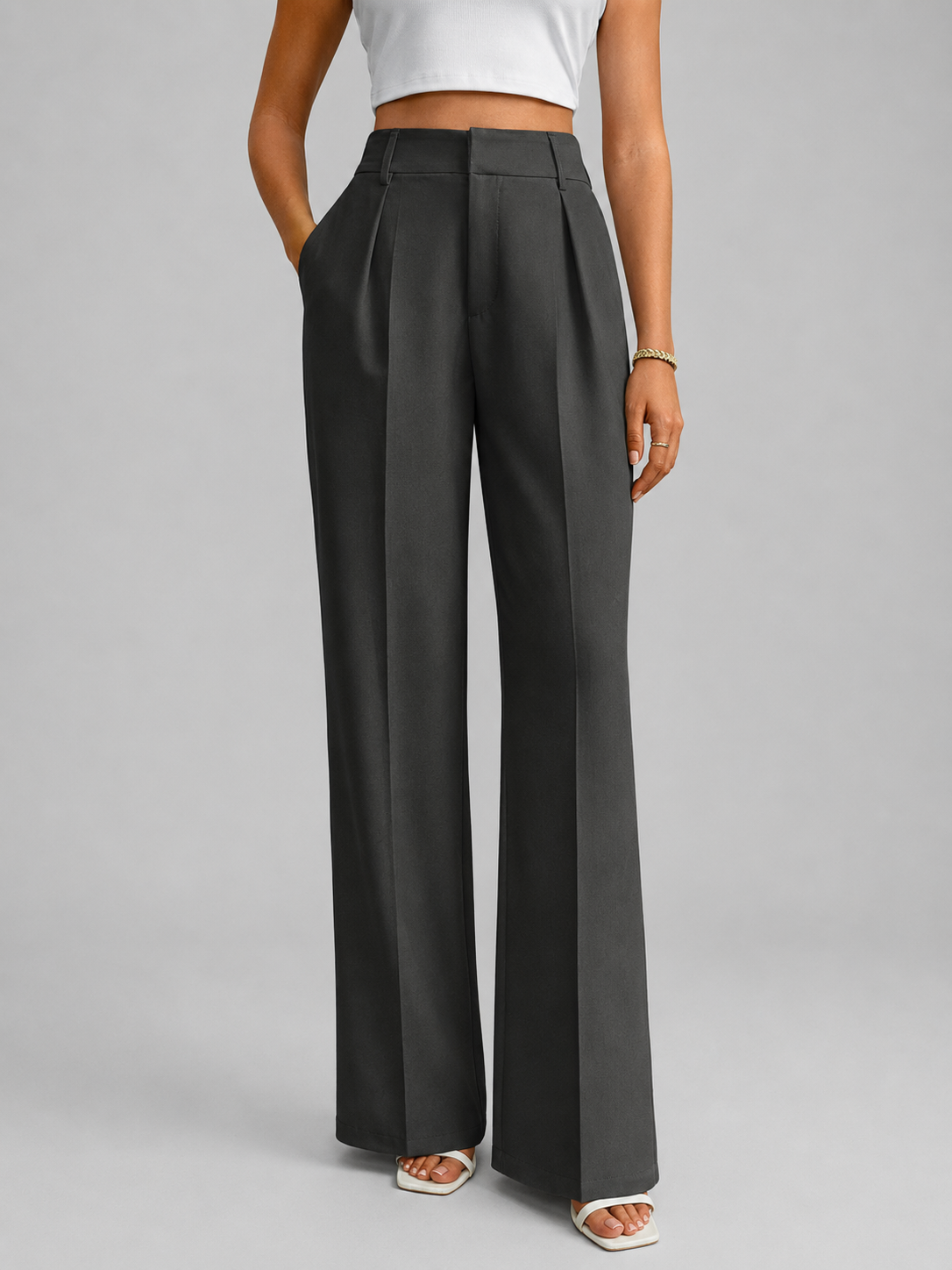 Women's Wide Leg Trousers with High Waist and Tailored Front Pleat