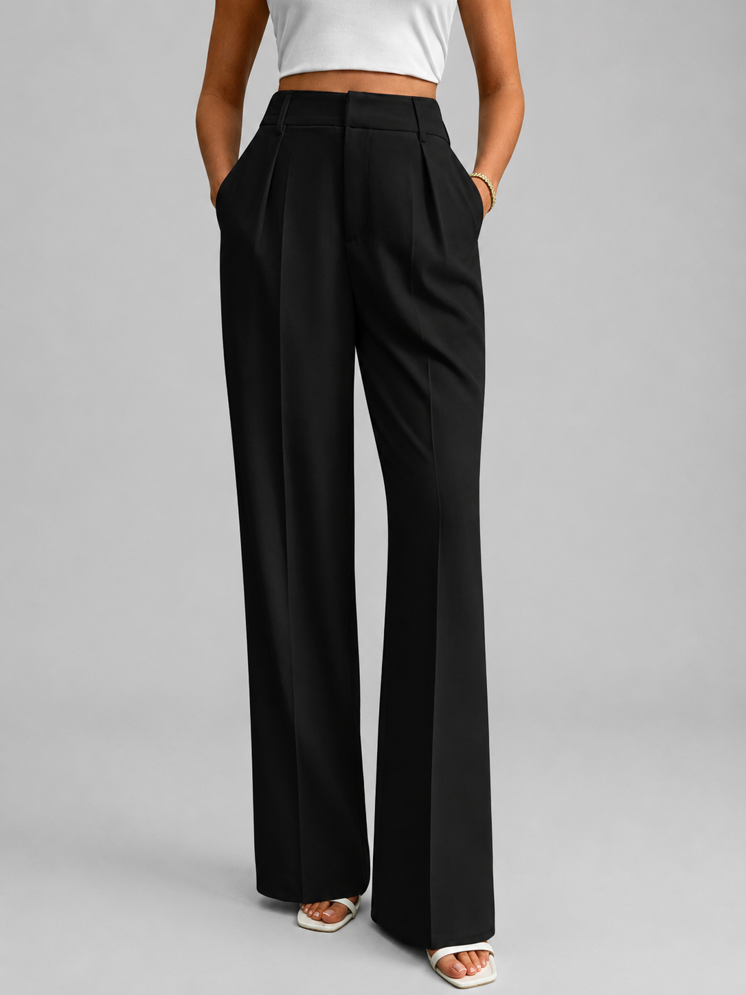 Women's Wide Leg Trousers with High Waist and Tailored Front Pleat