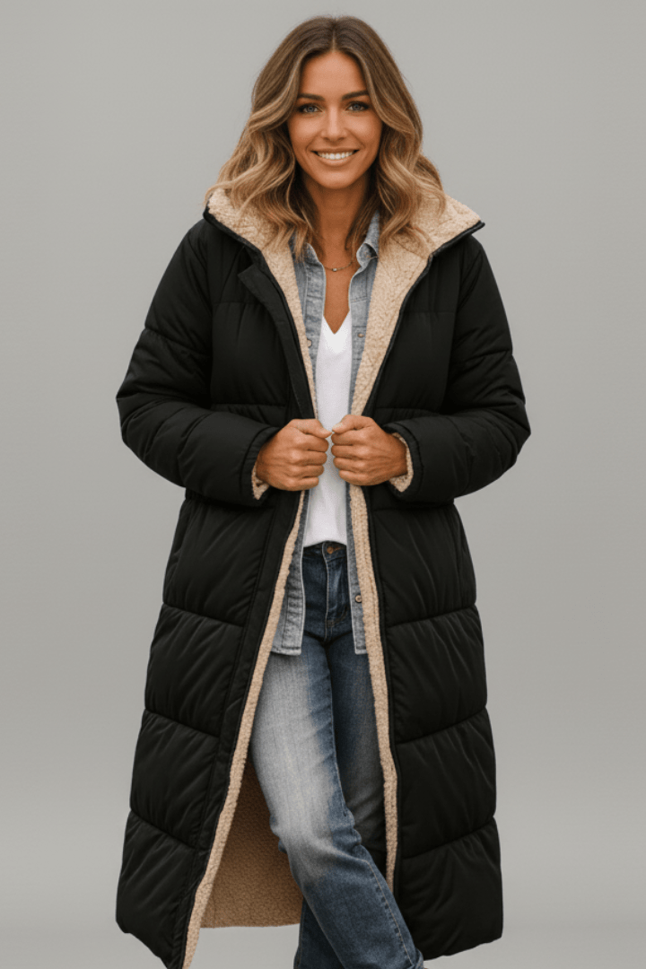 Women's Longline Puffer Coat with Hood Zip Closure and All Day Comfort
