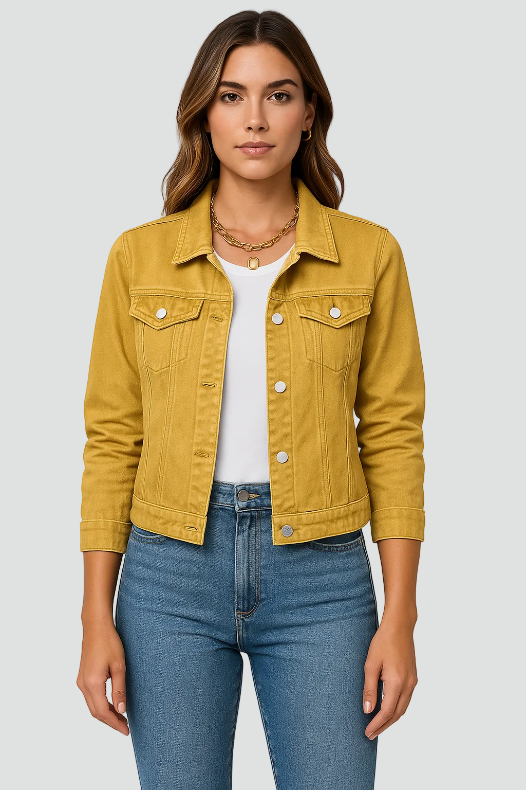 Women's Denim Jacket with Fitted Collar Button Closure and Practical Pockets